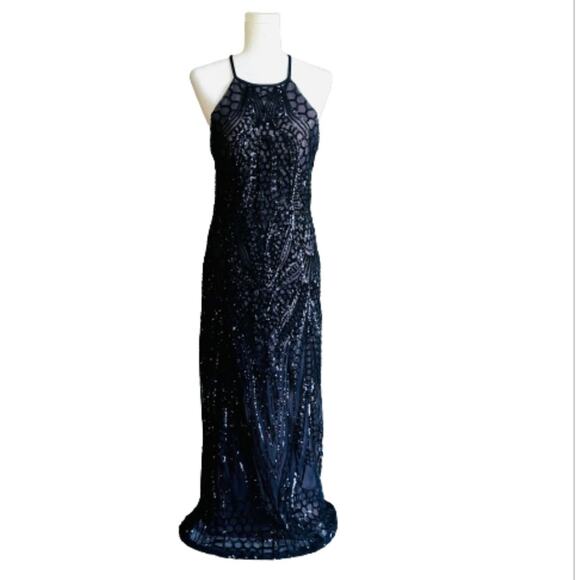 Nightway Gown Dress Navy Blue Mesh Sequins Halter Criss Criss Back Sheath Size 8 - Picture 1 of 16
